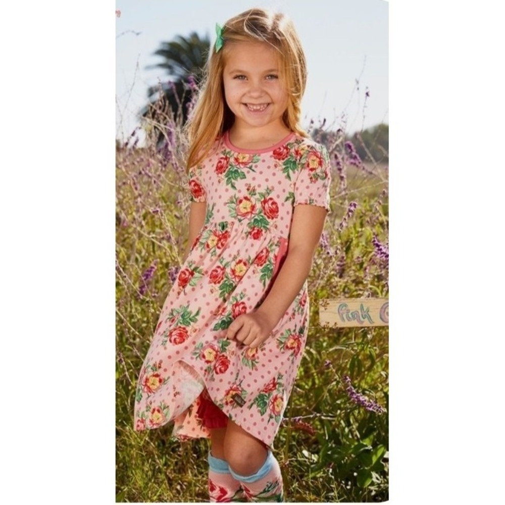 Matilda Jane Girls Pink Fit &‎ Flare Floral Polka Dot Dress Puff Sleeve Size 6